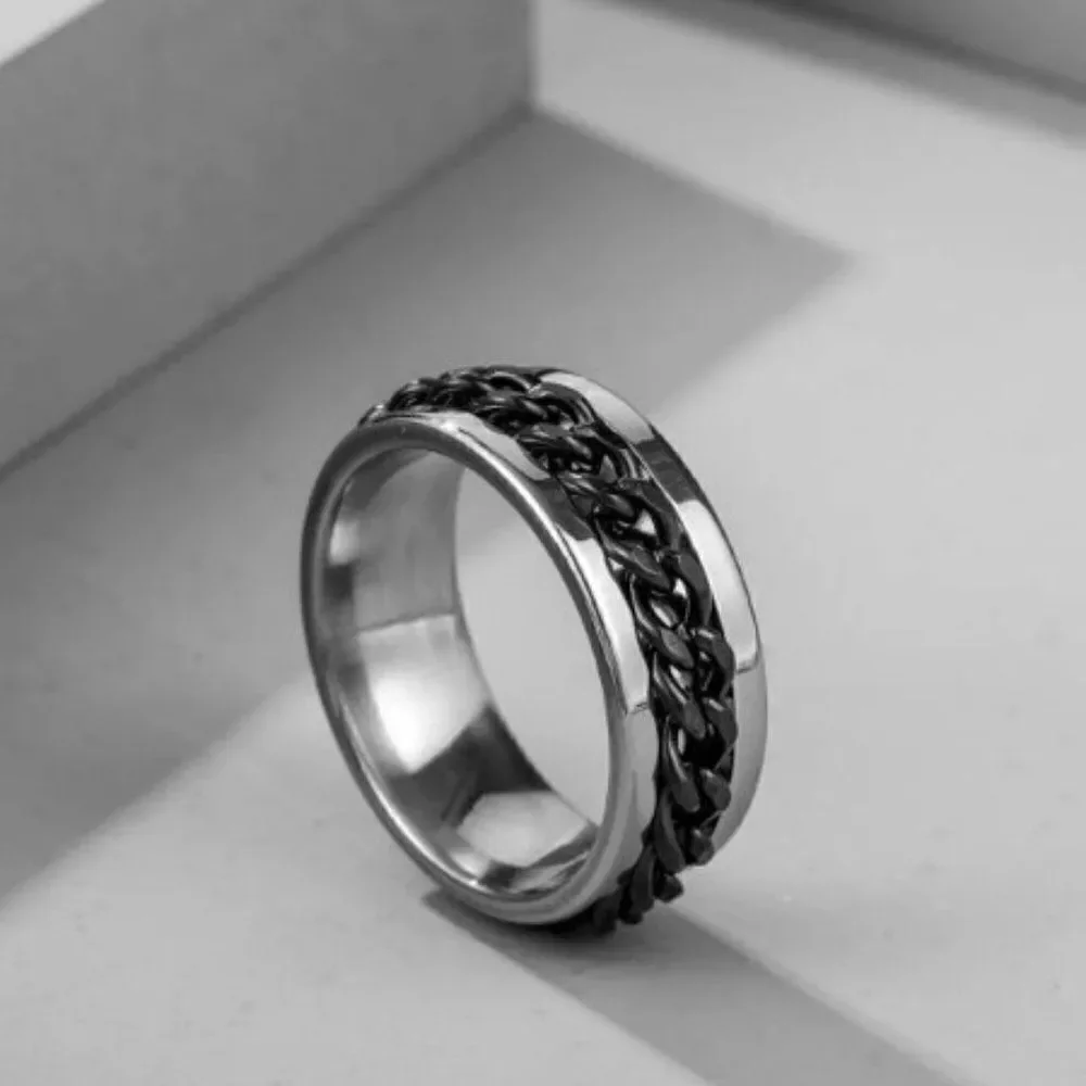 SILVER STAINLESS STEEL BLACK BRAIDED RING